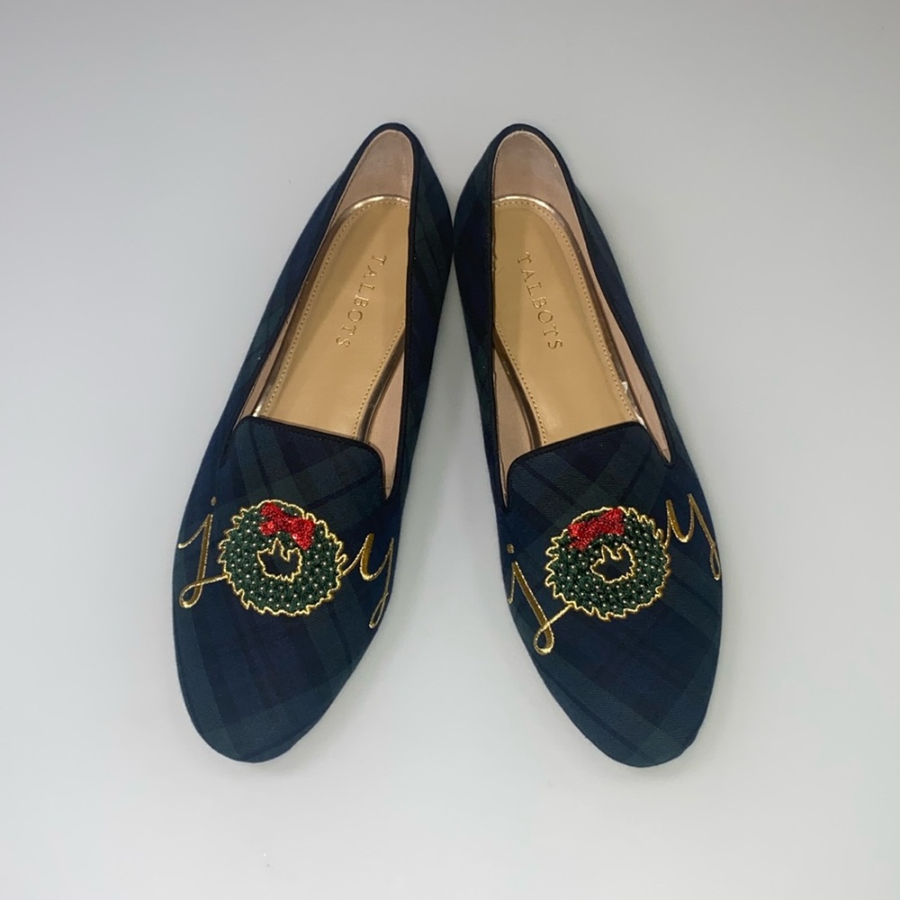Talbots Ryan loafers embroidered black watch plaid joy wreath